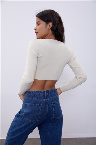 Ecru V-Neck Plunging Gown Knit Sweater SWK4512EK 