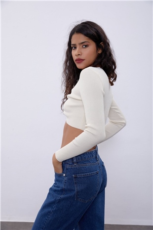 Ecru V-Neck Plunging Gown Knit Sweater SWK4512EK 