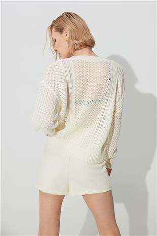 Ecru V-Neck Knit Knit Sweater SWK4600EK