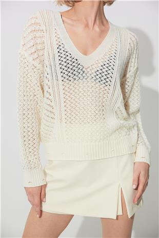 Ecru V-Neck Knit Knit Sweater SWK4600EK