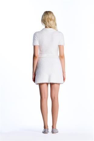 Ekru Volanlı Triko Etek