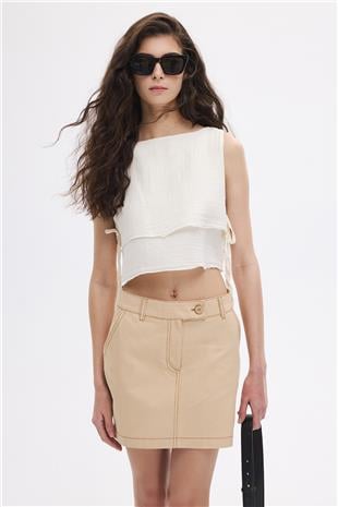 Ekru Yan Bağcıklı Bluz