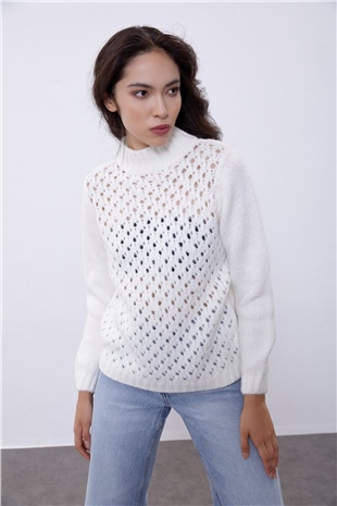 Ecru Half Turtleneck Knit Pattern Knit Sweater SWK4361EK 