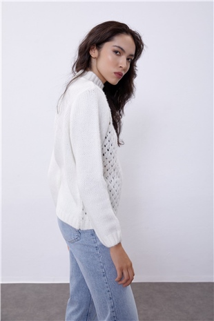 Ecru Half Turtleneck Knit Pattern Knit Sweater SWK4361EK 