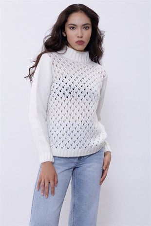 Ecru Half Turtleneck Knit Pattern Knit Sweater SWK4361EK 