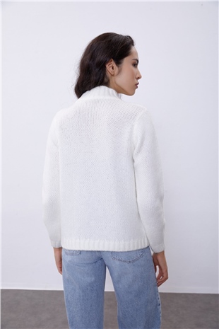 Ecru Half Turtleneck Knit Pattern Knit Sweater SWK4361EK 