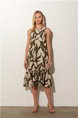 Ecru Green Yaprak Desenli Midi Elbise SS23D4787EK