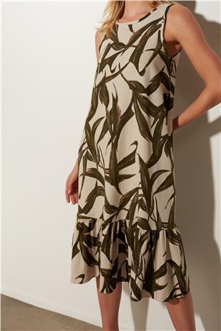Ecru Green Yaprak Desenli Midi Elbise SS23D4787EK