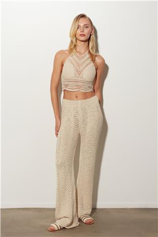 Ecru High Waist Pointelle Knited Trousers SS23P4551EK