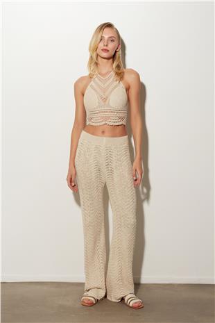 Ecru High Waist Pointelle Knited Trousers SS23P4551EK