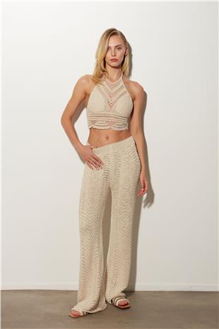 Ecru High Waist Pointelle Knited Trousers SS23P4551EK