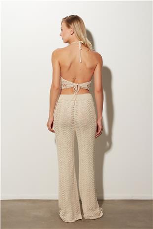 Ecru High Waist Pointelle Knited Trousers SS23P4551EK