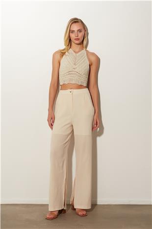 Ecru High Waist Wide Leg Linen Slit Trousers SS23P4798EK