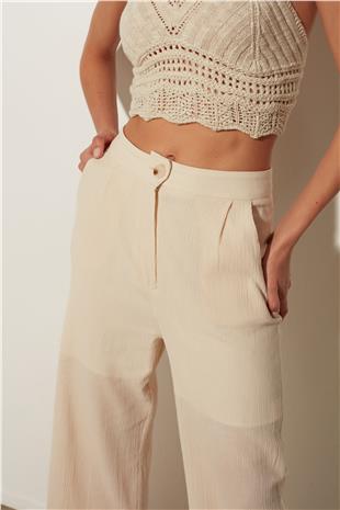 Ecru High Waist Wide Leg Linen Slit Trousers SS23P4798EK