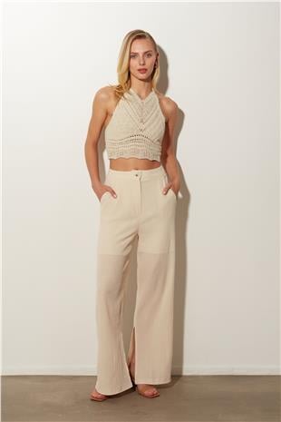 Ecru High Waist Wide Leg Linen Slit Trousers SS23P4798EK