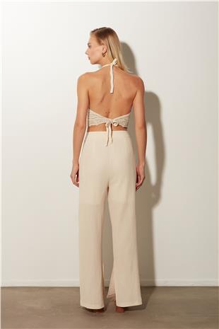 Ecru High Waist Wide Leg Linen Slit Trousers SS23P4798EK