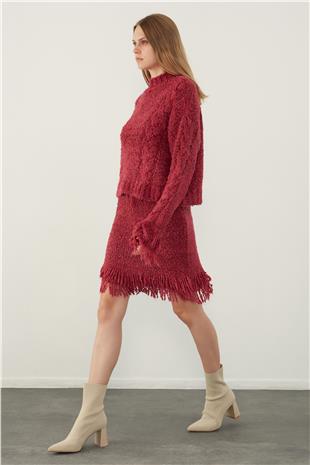 Fuchsia Tasseled Sweater Skirt Knitwear Set