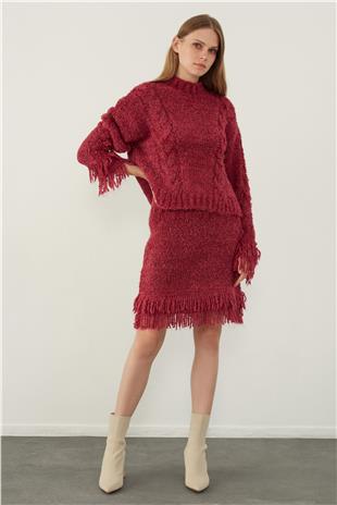 Fuchsia Tasseled Sweater Skirt Knitwear Set