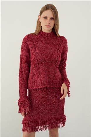 Fuchsia Tasseled Sweater Skirt Knitwear Set