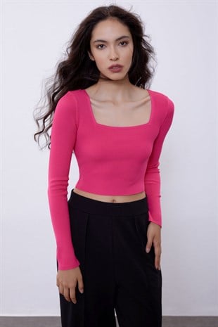 Fuchsia Long Sleeve Crop Knit Swater SWK4500FU