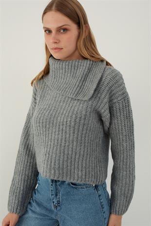 Grey Asymmetric Wide Neck Knitwear Sweater