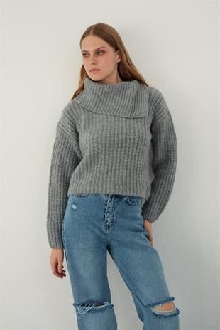 Grey Asymmetric Wide Neck Knitwear Sweater