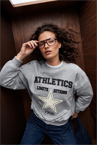 Gri Bisiklet Yaka Baskılı Oversize Sweatshirt