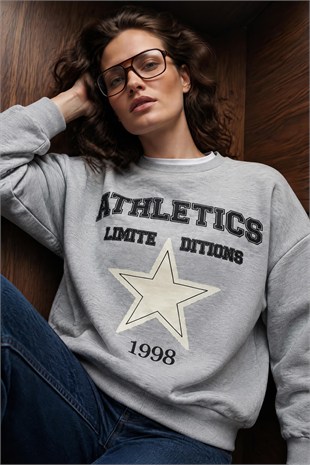 Gri Bisiklet Yaka Baskılı Oversize Sweatshirt