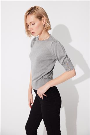 Grey crew neck Balloon Sleeve Knit SweaterSWK4644GR