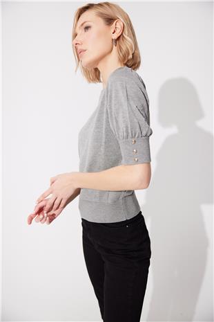 Grey crew neck Balloon Sleeve Knit SweaterSWK4644GR