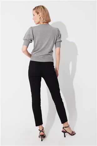 Grey crew neck Balloon Sleeve Knit SweaterSWK4644GR