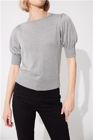 Grey crew neck Balloon Sleeve Knit SweaterSWK4644GR