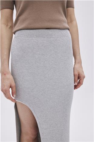 Grey Deep Slit Midi Knitwear Skirt