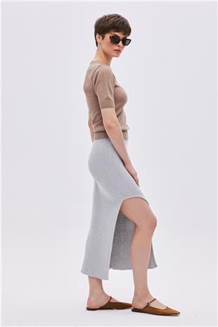 Grey Deep Slit Midi Knitwear Skirt