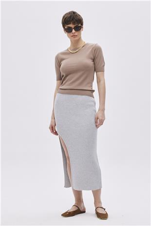 Grey Deep Slit Midi Knitwear Skirt