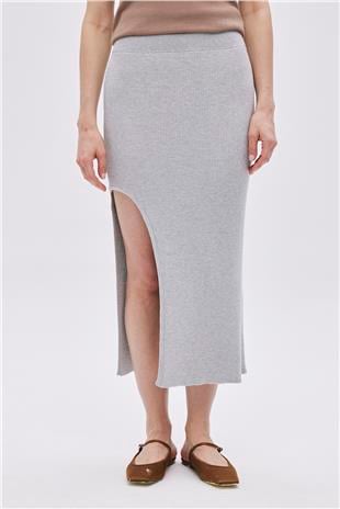Grey Deep Slit Midi Knitwear Skirt