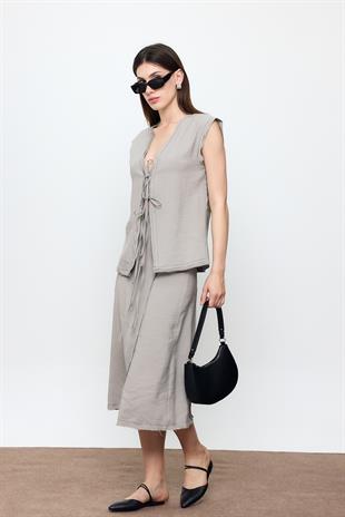 Gri Dikiş Detaylı Midi Etek