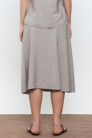 Gri Dikiş Detaylı Midi Etek