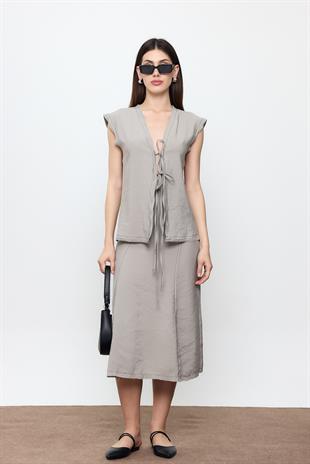 Gri Dikiş Detaylı Midi Etek