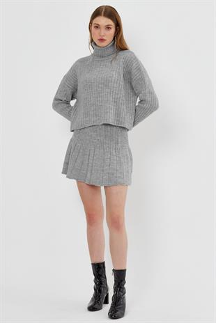 Grey Ribbed Skirt  Sweater Knit Set SWTK4264-65GR