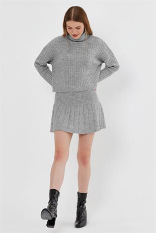 Grey Ribbed Skirt  Sweater Knit Set SWTK4264-65GR
