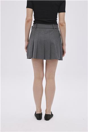 Grey Belt Detailed Pleated Mini Skirt