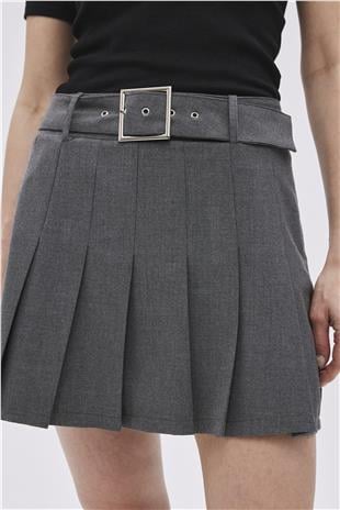 Grey Belt Detailed Pleated Mini Skirt