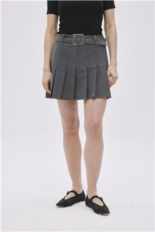 Grey Belt Detailed Pleated Mini Skirt