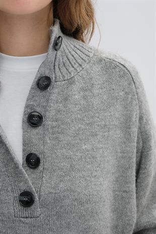 Gri Melanj Hakim Yaka Düğmeli Triko Kazak