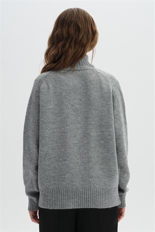 Gri Melanj Hakim Yaka Düğmeli Triko Kazak