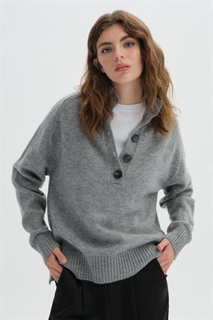 Gri Melanj Hakim Yaka Düğmeli Triko Kazak