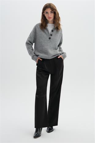 Gri Melanj Hakim Yaka Düğmeli Triko Kazak