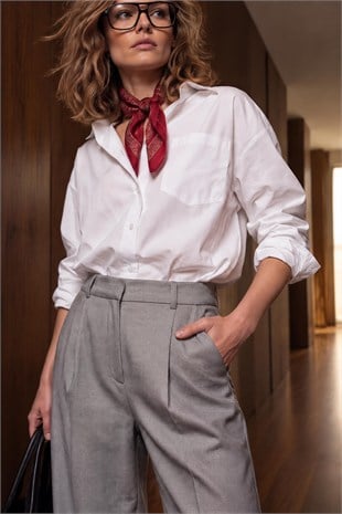 Gri Yüksek Bel Pileli Geniş Paça Kumaş Pantolon