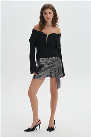 Gri Payetli Şort Etek